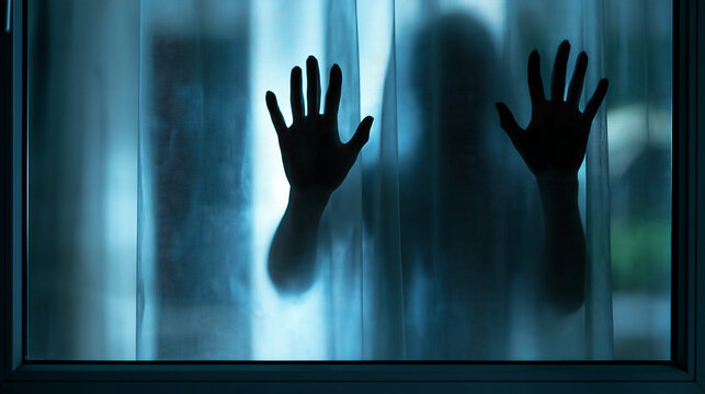 Mysterious and chilling image of shadowy faceless figure standing at foggy window, resembling ghost, ideal for spooky themes, with copy space
