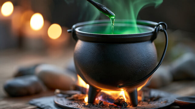 Mystical bubbling green potion inside cast iron witch cauldron over glowing open fire in dark spooky dungeon, ideal for Halloween fantasy and magical alchemy themes, with copy