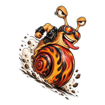 Punk Racing Snail with Flame Shell and Goggles High Speed Cartoon Mascot Illustration