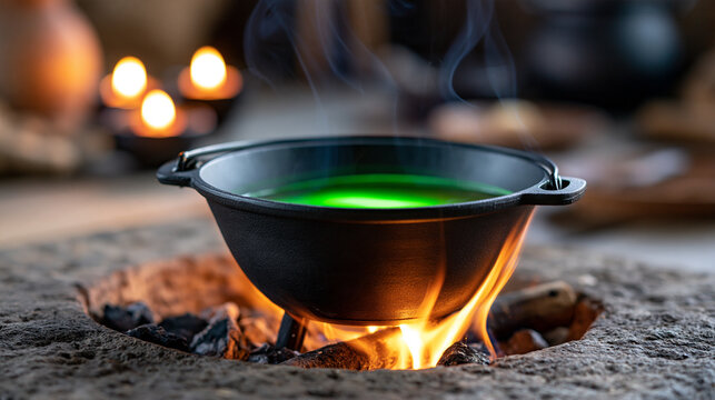 Bubbling black cauldron with glowing green magical potion over open fire in dark medieval workshop, ideal for fantasy concepts, mystery themes, and spooky holiday designs, with