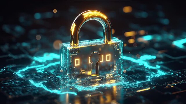 Futuristic Glass Cyber Security Padlock with Glowing Circuit Board and Digital Passcode Display