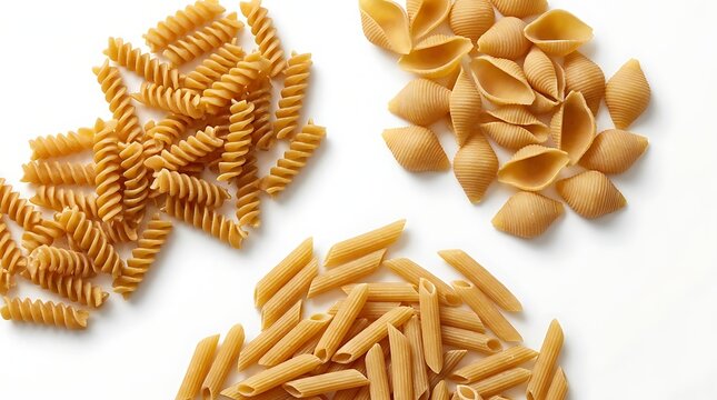 Three varieties of raw whole wheat pasta on a white background.