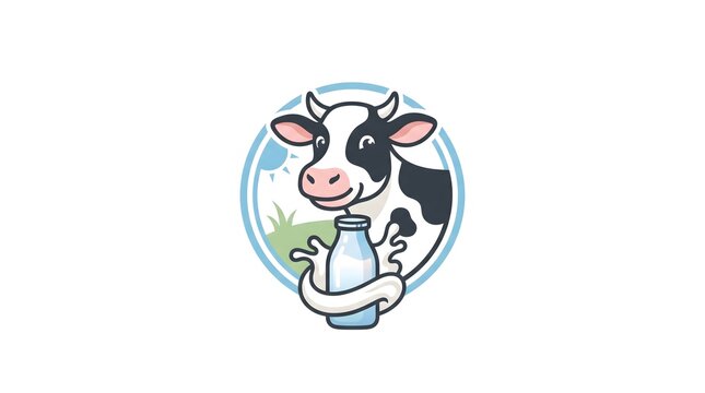 Vector illustration of a cute cartoon cow smiling next to a fresh glass milk bottle inside a circular emblem, ideal for dairy farm branding or milk product logo design.