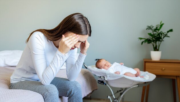 A stressed and exhausted young mother sitting on a bed, holding her head in pain while her newborn baby sleeps peacefully in a bouncer next to her, depicting postpartum depression and fatigue.