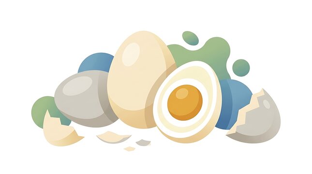 A collection of whole and halved boiled eggs with cracked shells in a flat vector illustration style.
