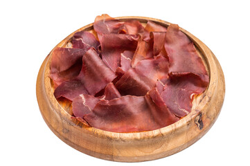 Obraz premium Cecina meat slices, spanish beef jamon on wooden tray isolated on white background. top view