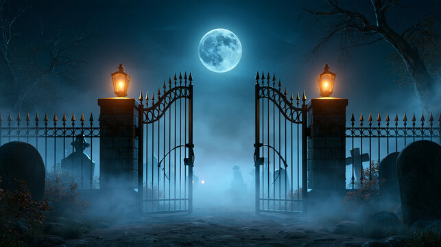 Spooky gothic cemetery gates under glowing full moon with warm lanterns, misty fog, and tombstones, ideal for eerie Halloween themes, horror designs, or game backgrounds, with