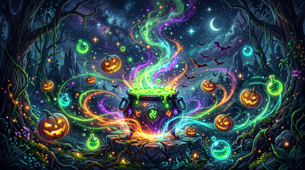 Obraz premium Magical witch cauldron bubbling with glowing green potion and floating jack-o-lanterns in enchanted halloween forest night