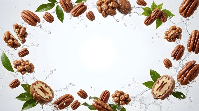 Pecan nuts with green leaves splashing in water droplets forming a circular frame on white background
