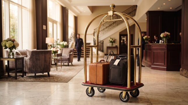 Luxury hotel lobby with luggage cart and concierge desk, symbolizing travel and hospitality services