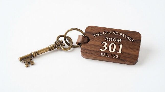 Vintage Grand Palace Hotel Room 301 Key with Ornate Brass Key and Leather Fob Isolated on White Background