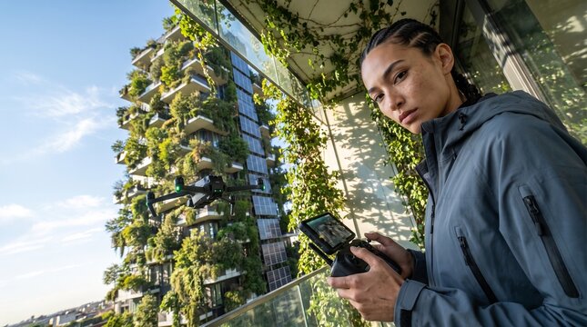 Drone Pilot Controlling Camera Drone Over Forest Skyscraper