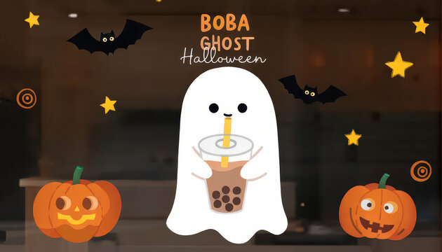 Ghost drinking boba tea illustration