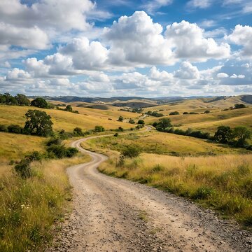 A winding dirt road snakes through golden rolling hills under a vibrant blue sky filled with fluffy white clouds in a peaceful rural landscape
