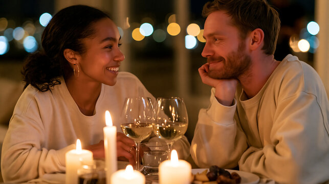 happy couple toasting red wine glasses together during romantic candlelit dinner date in elegant restaurant setting
