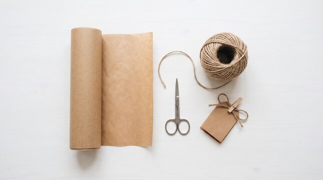 Brown Kraft Paper Roll Scissors Twine and Gift Tag on White Wooden Background for Crafting and Packaging