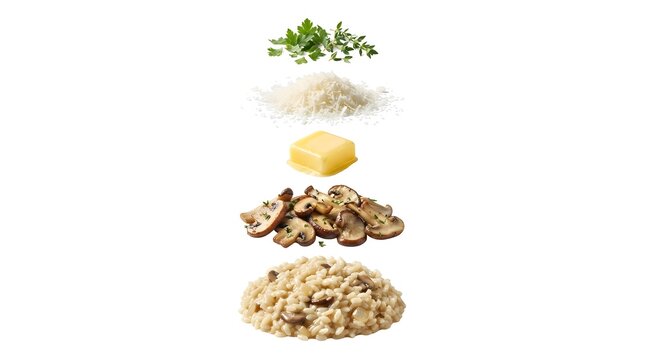 Exploded view of mushroom risotto ingredients including rice, butter, herbs, and mushrooms on white
