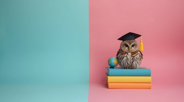Wise owl wearing graduation cap standing on stack of colorful books with mini globe on pastel split pink blue background, education knowledge concept with copy space