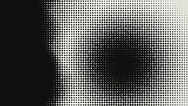 Abstract black and white halftone dots dynamically shifting with a radial gradient and left reveal, perfect for creative transitions, pop art animations and tech branding visuals.
