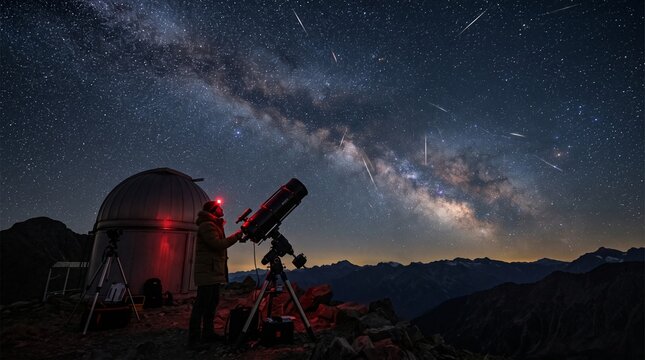 Astronomer observes meteor shower and Milky Way galaxy from mountain observatory with telescope