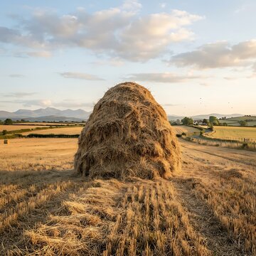 A large haystack stands in a golden harvested field at sunset, with rolling hills and mountains in the distance under a soft, cloudy sky in the countryside