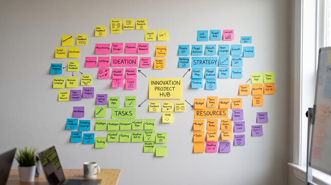 Innovation Project Hub with sticky notes for ideation strategy tasks and resources on a wall