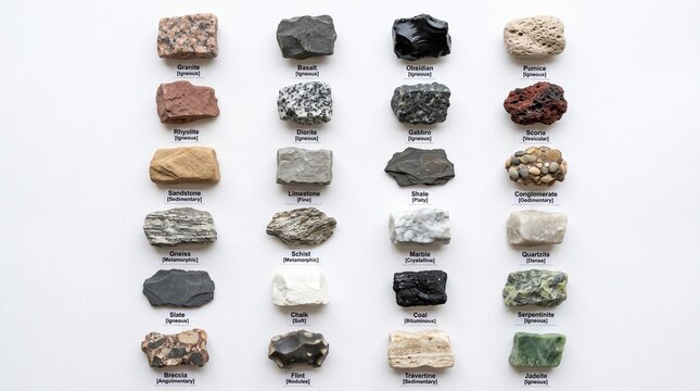 Collection of 24 different rock samples with labels identifying their type and geological classification