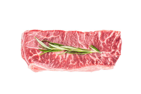 Raw Top blade steak, marbled black angus prime beef isolated on white background. top view