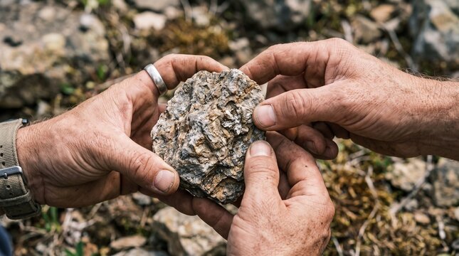 Two pairs of hands examining a rough mineral rock sample outdoors, representing geology and earth science exploration