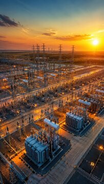 Aerial view of a large electrical power substation with at sunset with golden light... electricity d