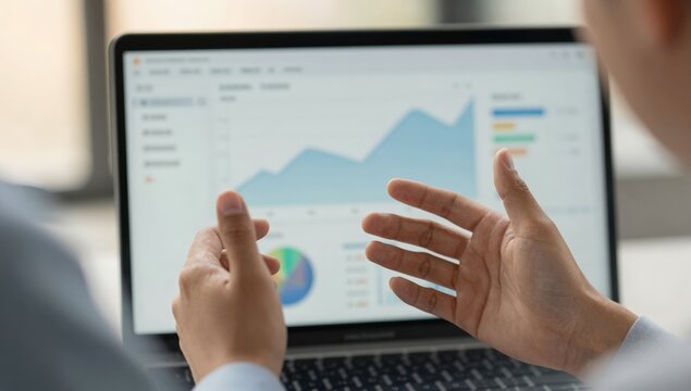 Business analyst gesturing at a laptop displaying an analytics dashboard