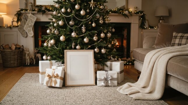 Blank wooden picture frame leaning against decorated Christmas tree with gift boxes on cozy living room floor interior