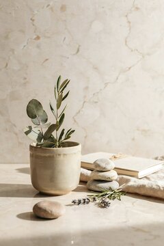 Minimalist still life with a ceramic pot containing olive and eucalyptus branches, stacked stones, and a book on a marble surface background