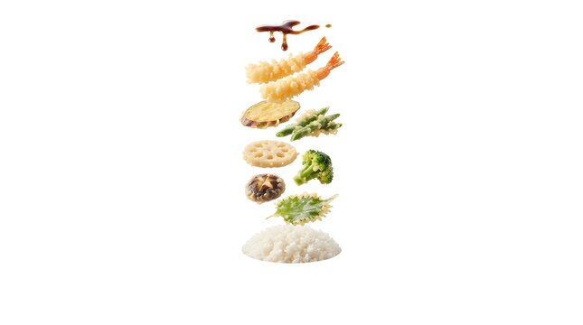 Floating ingredients of Japanese tempura don with shrimp and vegetables over white rice on white background