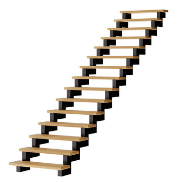 Set of wooden stairs displayed with a clear background. The stairs are cut out and designed in a simple 3D style. They showcase a basic structure without any additional features
