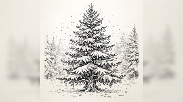 Elegant christmas tree line drawing in snowy winter forest