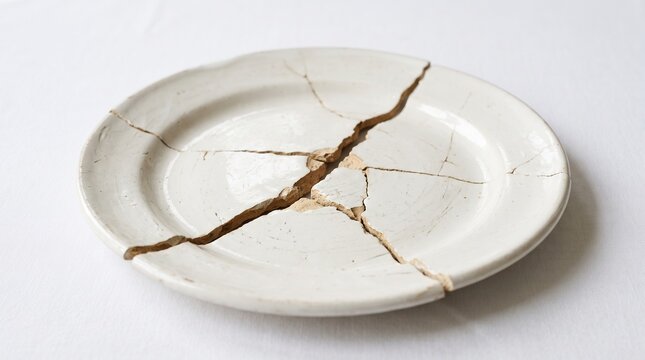 Broken ceramic plate with deep cracks isolated on a white background symbolizing fragility and damage