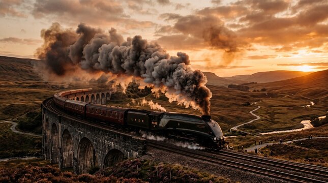 Iconic Steam Train Crossing a Majestic Viaduct at Sunset in the Scottish Highlands