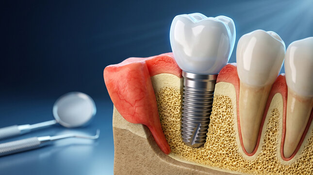 3D dental implant in jawbone cross section next to natural teeth