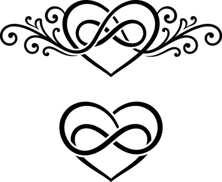 Set of infinity heart and ornamental flourish icons, love symbols, romance graphics, and eternity vector illustration