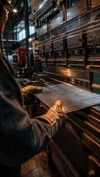 Industrial worker wearing protective gloves operating a metal bending machine in a factory