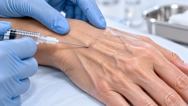 Hand dermal filler injection procedure close up using safe cannula technique in beauty clinic