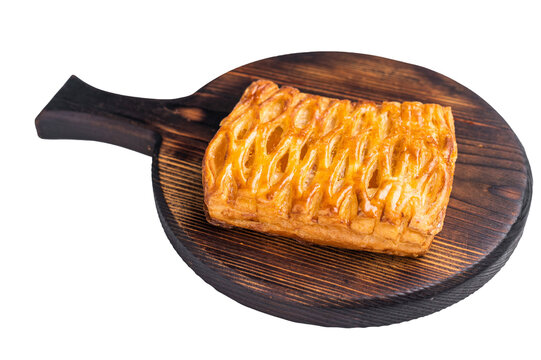 Apple Danish Pastry With Sweet Icing, Puff pastry isolated on white background. top view
