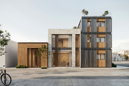 Modern architectural building with wooden panels and glass windows on a city street during a clear daylight sky background