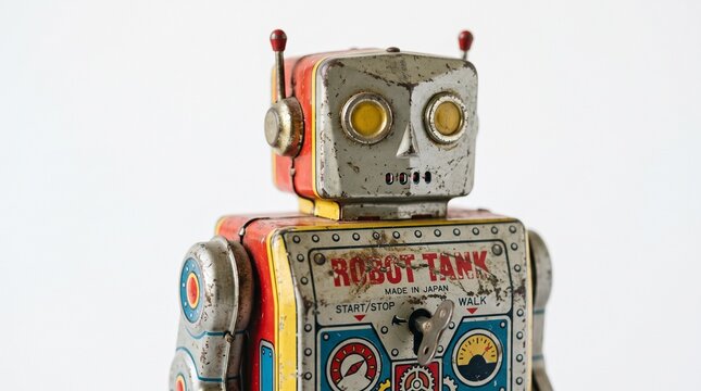 Vintage tin robot toy with weathered details and colorful design, isolated on a white background