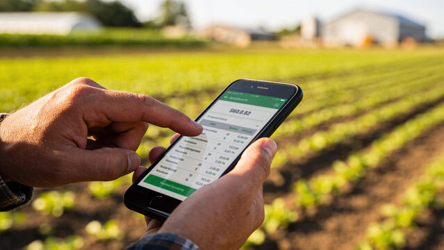 Hands use a smartphone app to track farming data in a crop field with healthy plants around