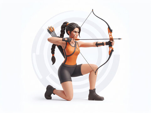 3D character female archer aiming a bow and arrow in a kneeling position