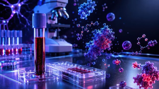 Scientific laboratory research with a test tube of and glowing molecular structures in the dark desi