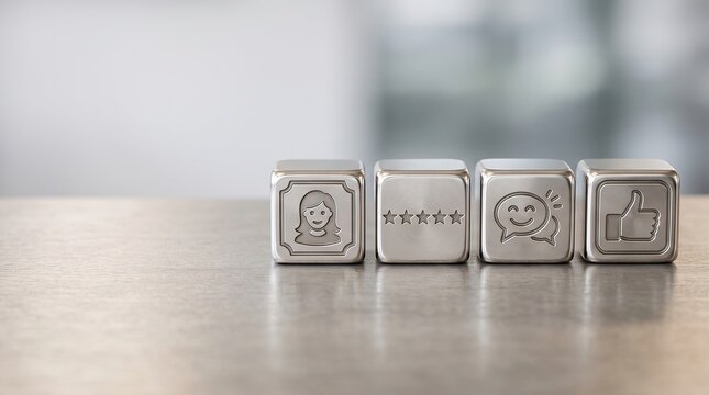 Client experience excellence concept with cubes showing customer ratings feedback communication and positive approval on a brushed platinum surface