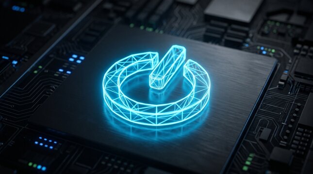 Modern power button symbol set against a high tech circuit board backdrop
